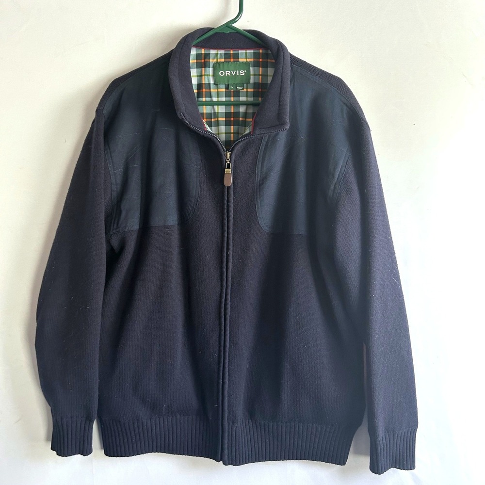 Orvis Foul Weather Large Navy Blue Full Zip Shooting Sweater Plaid Lined Jacket